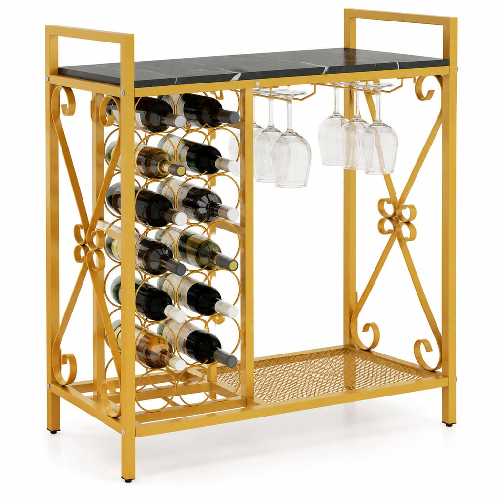 Airfind 21 Bottle Wine Rack Freestanding Floor Wine Bottle Organizer with Glass Holder, 44 lbs Capacity, Metal Engineered Wood Frame, Rustic Brown