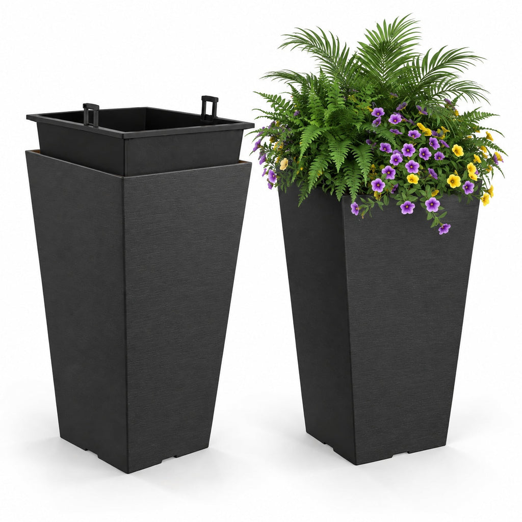 Airfind 22.5 inch Tall Square Planter Set of 2 Self-Watering Flower Pots with Removable Inner Bucket, PP Frame, 11.5 x 11.5 x 22.5 Footprint