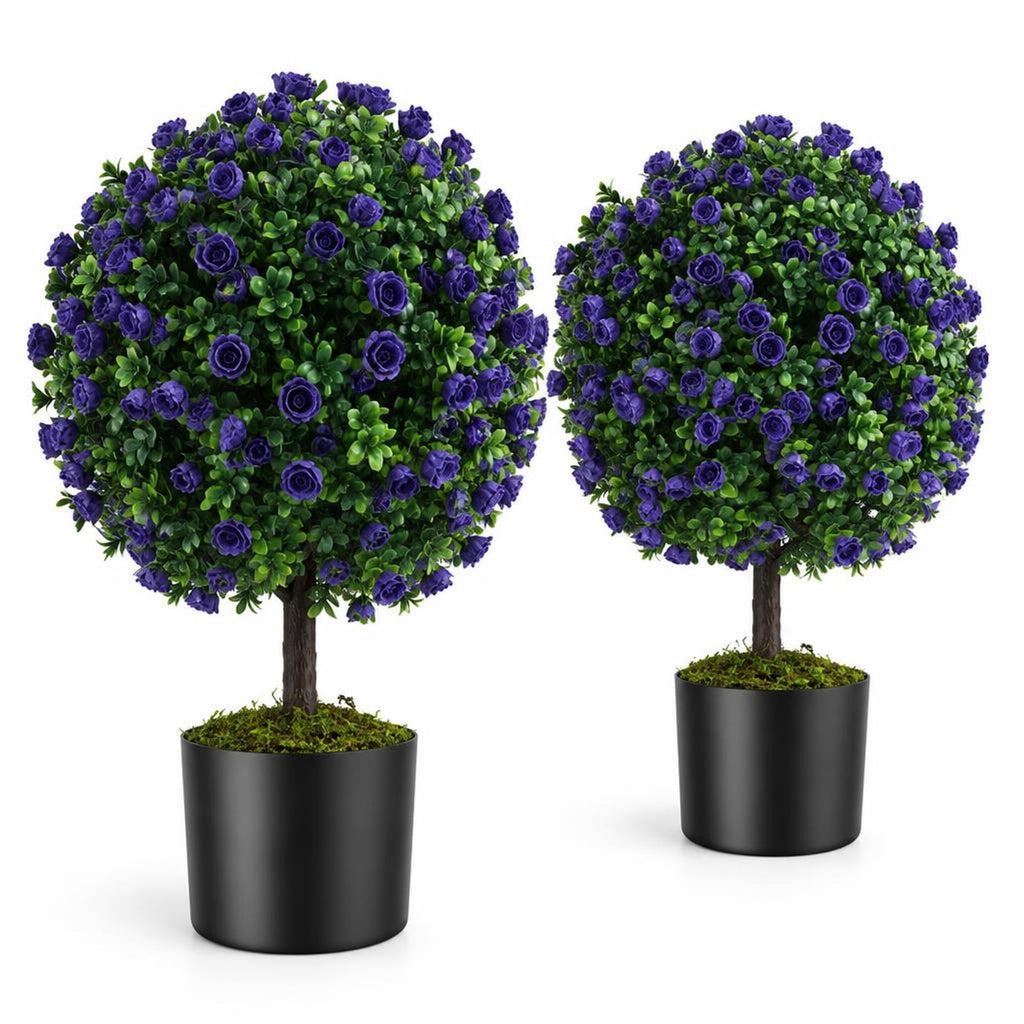 Airfind 22 Inch Set of 2 Artificial Purple Rose Topiary Ball Trees with Cement-Filled Pot, PE PP Cement Overall Height 22 Inch, Purple