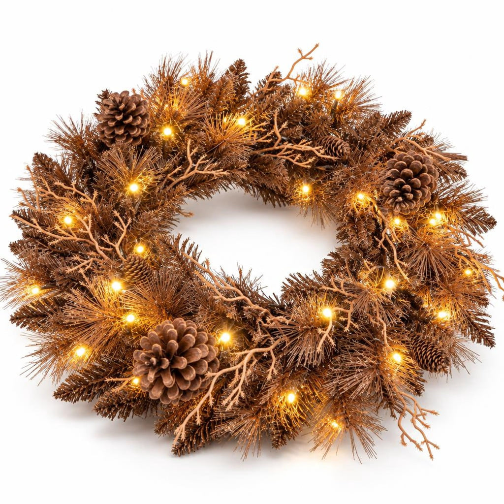Airfind 24 Inch Pre-lit Christmas Wreath with 105 Branch Tips and 35 Warm White LED Lights-1 piece, PVC PE Metal Frame, 24 x 24 Footprint, White