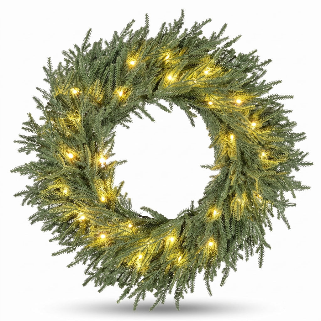 Airfind 24 Inch Pre-lit Christmas Wreath with 108 Branch Tips and 35 Warm White LED Lights for Wall Window-1 piece, TPE Metal Frame, White