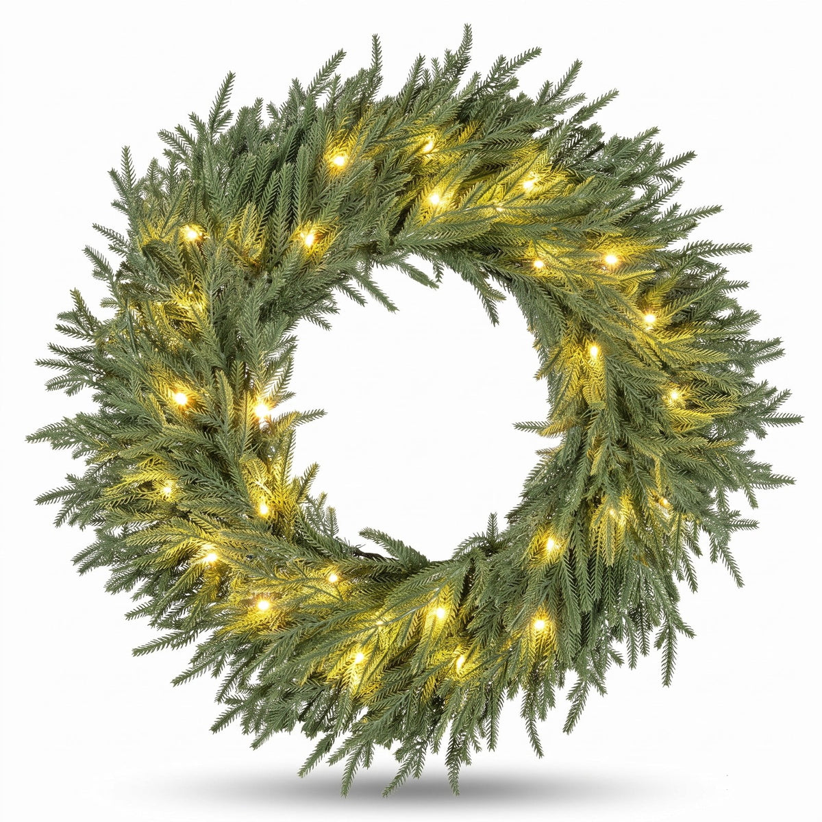 Airfind 24 Inch Pre-lit Christmas Wreath with 108 Branch Tips and 35 Warm White LED Lights for Wall Window-1 piece, TPE Metal Frame, White