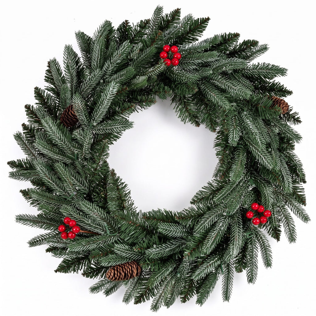Airfind 24 Pre-lit Christmas Wreath Front Door Artificial Xmas Wreath with 90 Frosted Branch Tips, PVC PE Metal Frame, 24 x 24 Footprint, Green