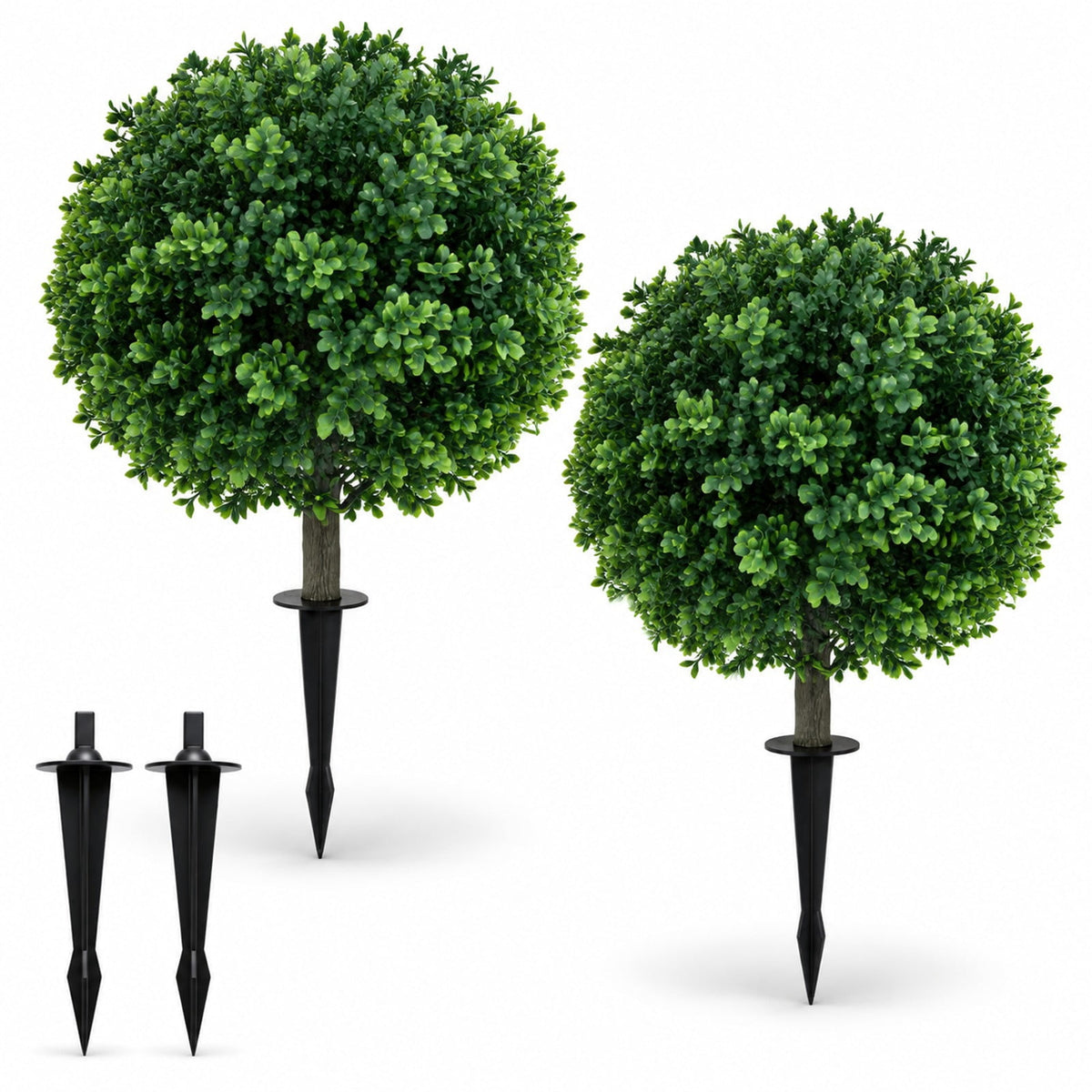 Airfind 27 Inch Artificial Boxwood Topiary Trees Set of 2 with Ground Spikes for Porch Patio, 14 Inch x 27 Inch Length of Ground Spike 8 Inch Total Footprint