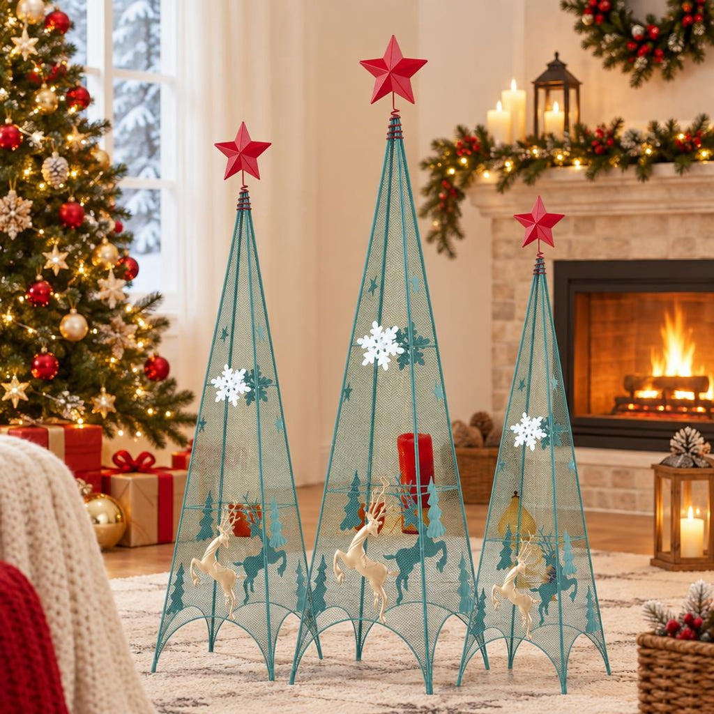 Airfind 3/3.5/4 Feet Set of 3 Tower Shaped Christmas Trees with Removable Star Toppers, Metal Small Frame, 9in x 9in x 37in Medium Footprint