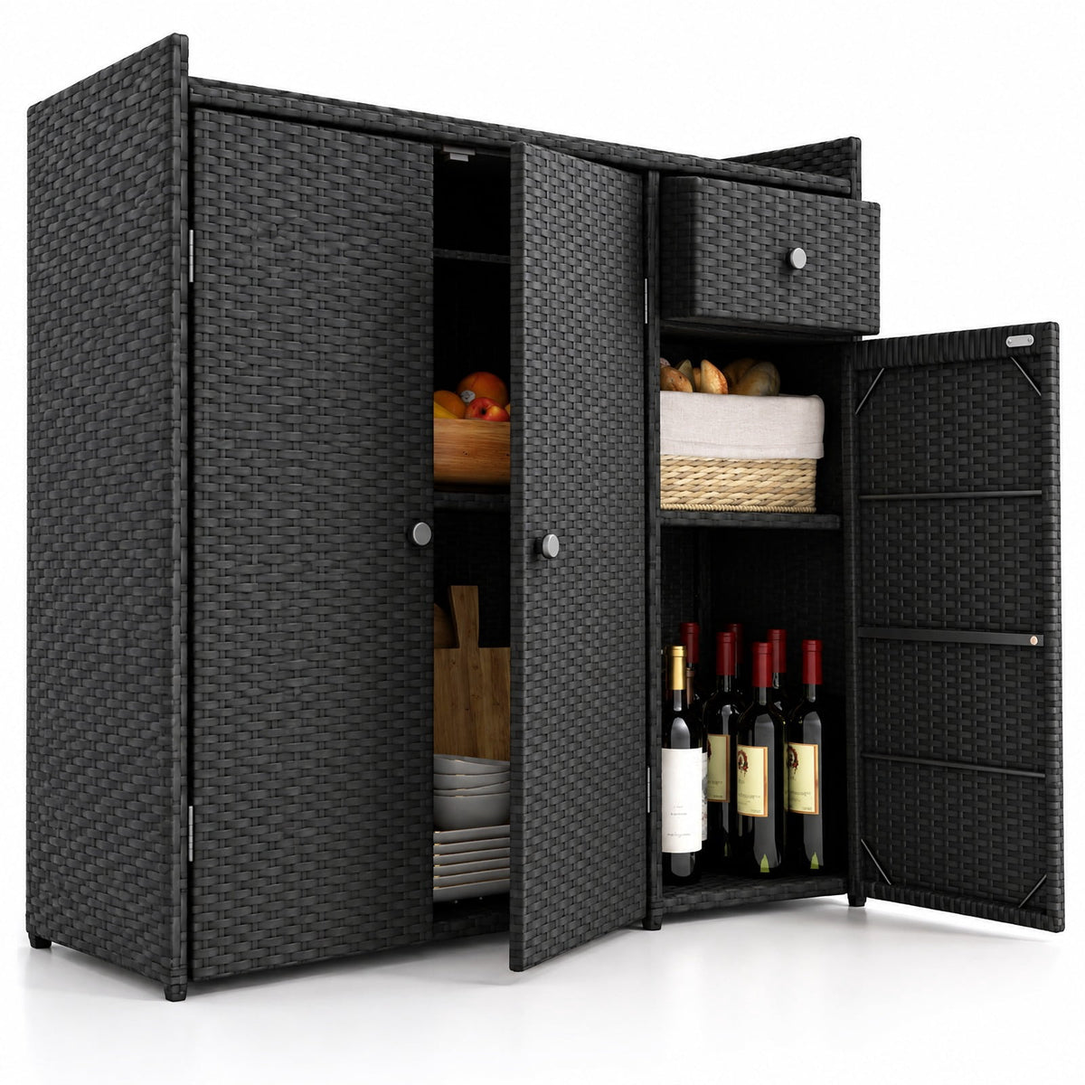 Airfind 3 Doors Outdoor PE Wicker Storage Cabinet for Deck, 110 lbs Capacity, PE Rattan Metal Frame, 48 x 17 x 40 Footprint, Black