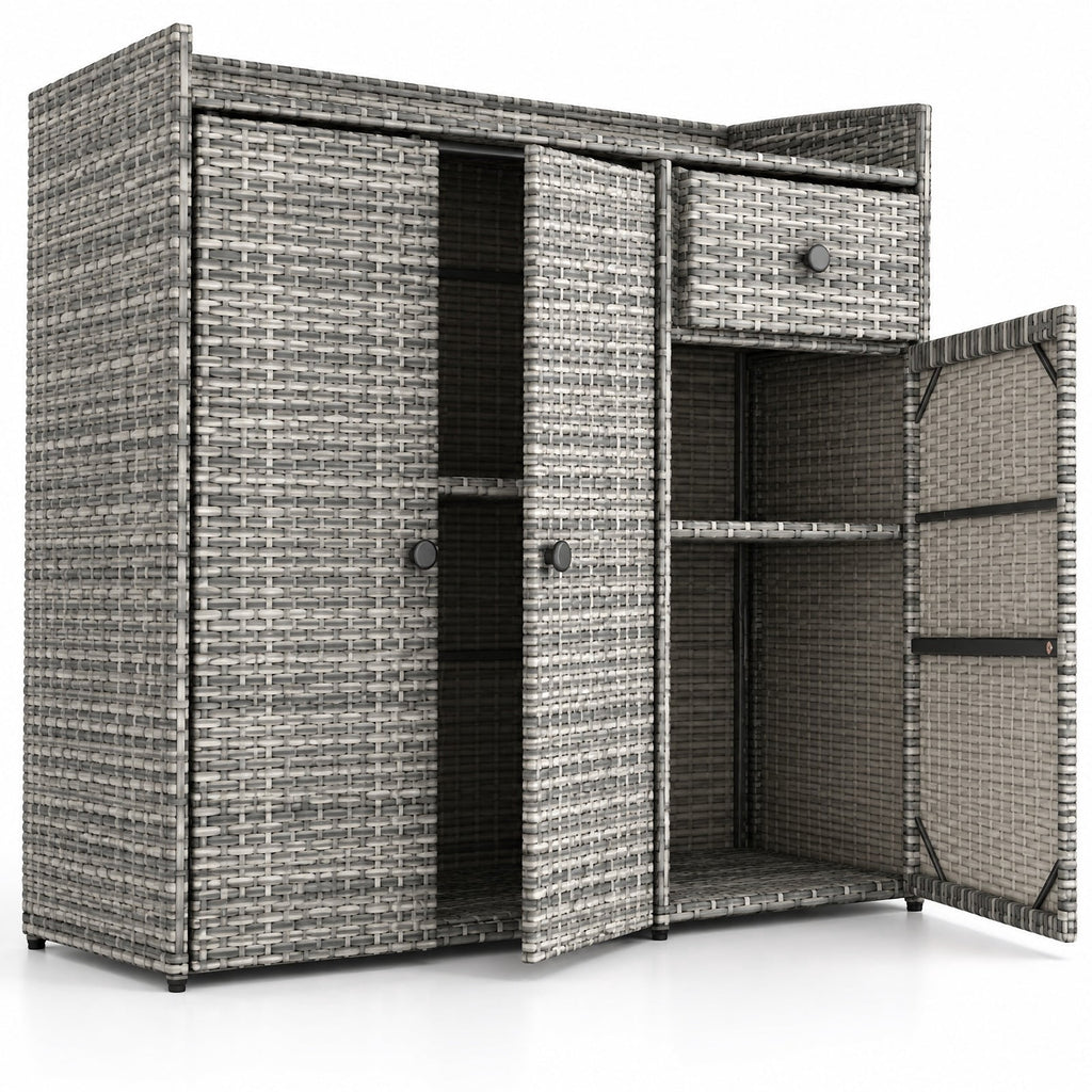 Airfind 3 Doors Outdoor PE Wicker Storage Cabinet for Deck, 110 lbs Capacity, PE Rattan Metal Frame, 48 x 17 x 40 Footprint, Gray