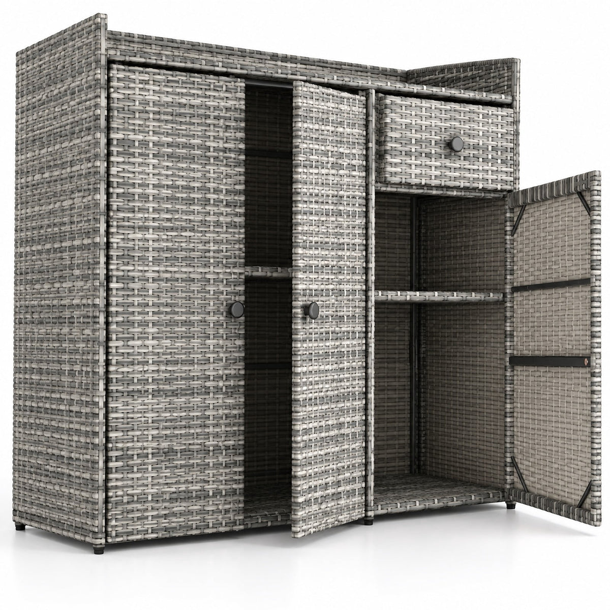 Airfind 3 Doors Outdoor PE Wicker Storage Cabinet for Deck, 110 lbs Capacity, PE Rattan Metal Frame, 48 x 17 x 40 Footprint, Gray