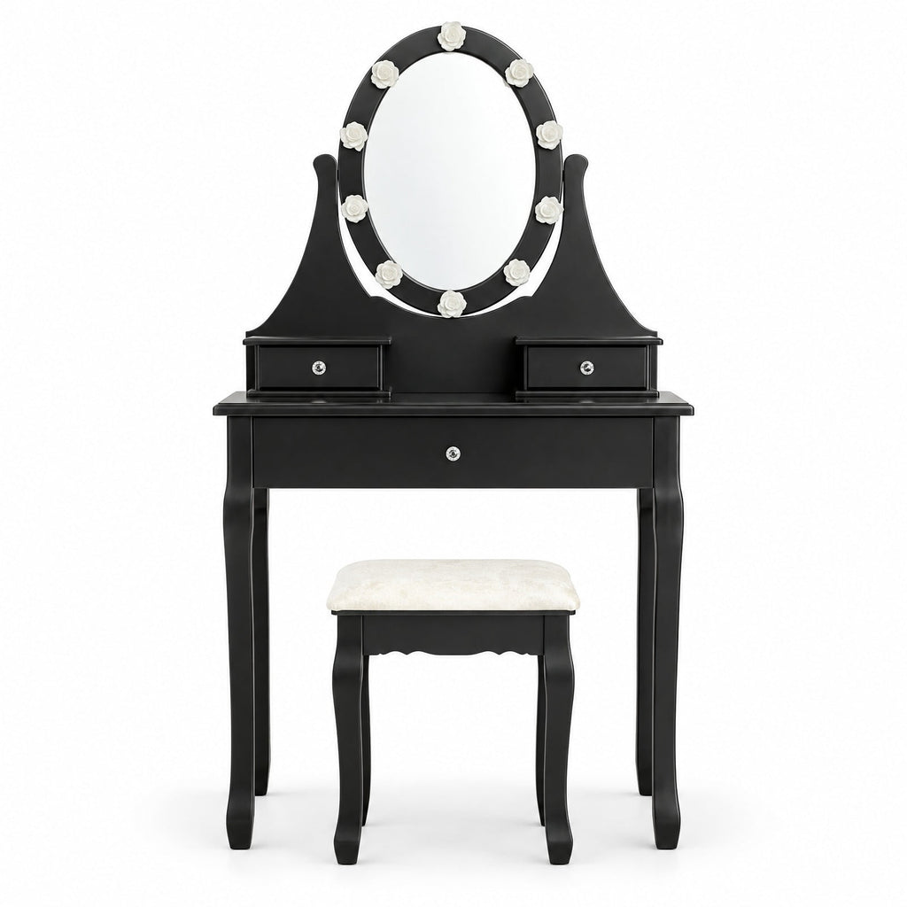 Airfind 3 Drawers Lighted Mirror Vanity Dressing Table Stool Set, Pine PE plastic MDF Frame, 30 Inch x 16 Inch x 55 Inch (L x W x H) The Footprint, Black