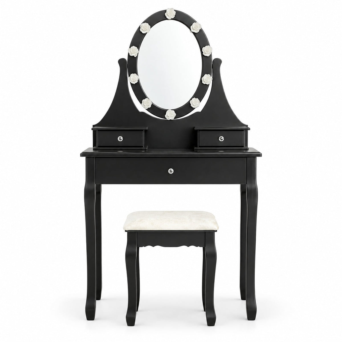 Airfind 3 Drawers Lighted Mirror Vanity Dressing Table Stool Set, Pine PE plastic MDF Frame, 30 Inch x 16 Inch x 55 Inch (L x W x H) The Footprint, Black
