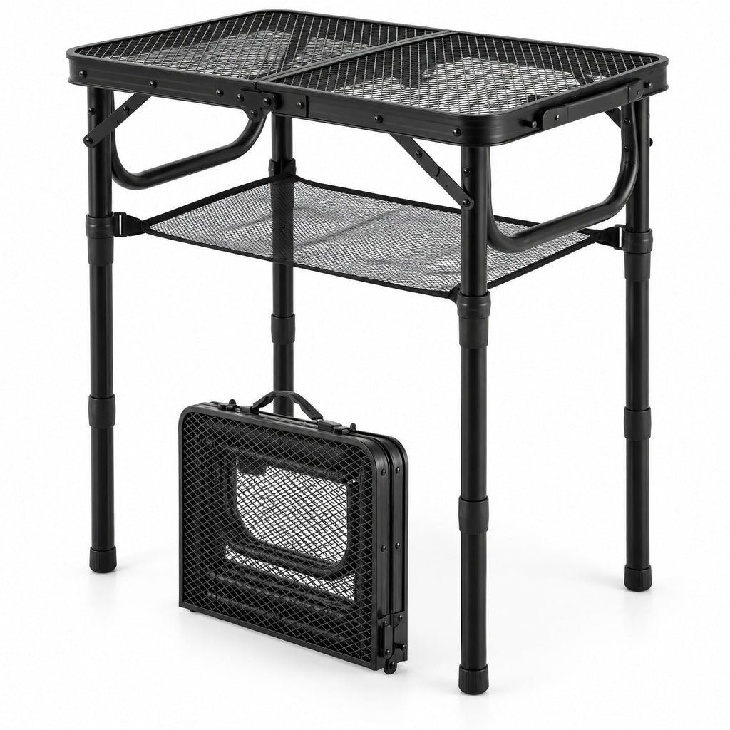 Airfind 3-Height Folding Picnic Table with Large Storage Net and Handle, 90 lbs Capacity, Aluminum Metal Nylon PP EVA Frame, Black