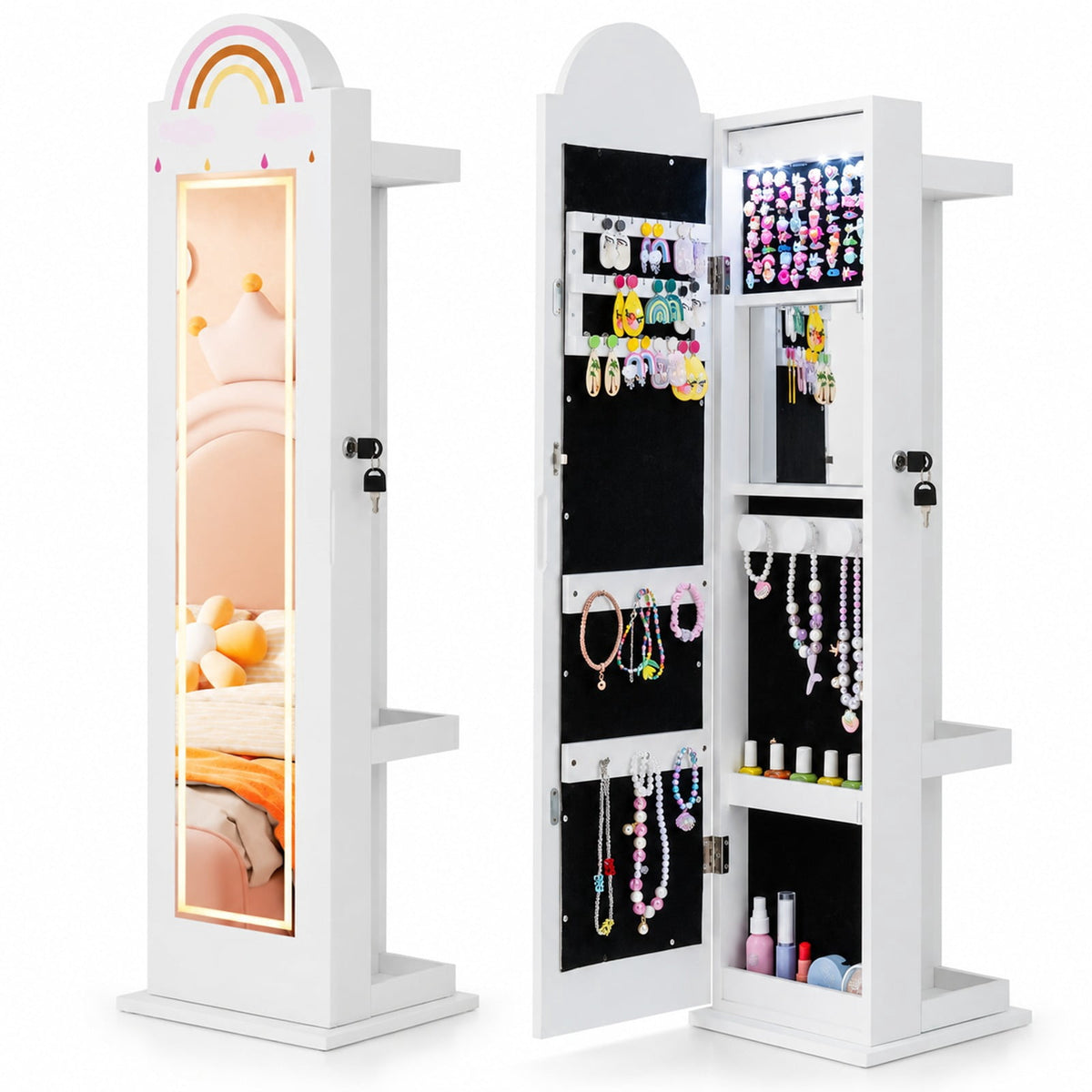 Airfind 3 In 1 Kids Jewelry Cabinet Freestanding Jewelry Armoire with 3-Color Lighted Mirror, MDF Glass Acrylic Frame, White