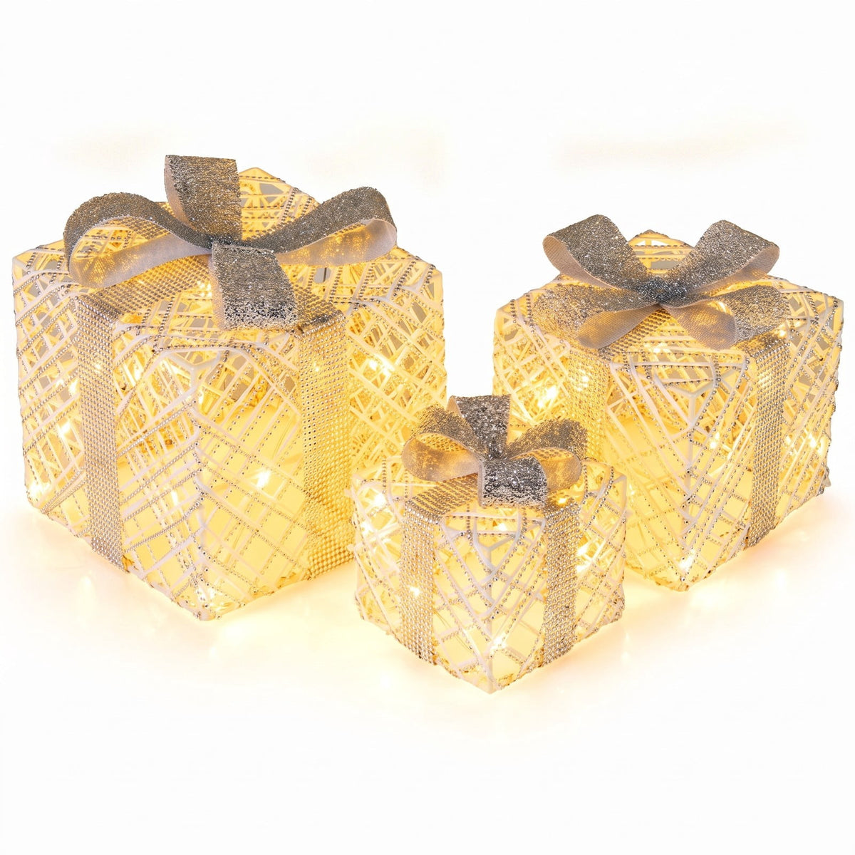 Airfind 3 Pack Christmas Lighted Gift Box with 50 LED Lights and Detachable Bows, PVC Metal Frame, 10in x 10in x 9in Footprint, White