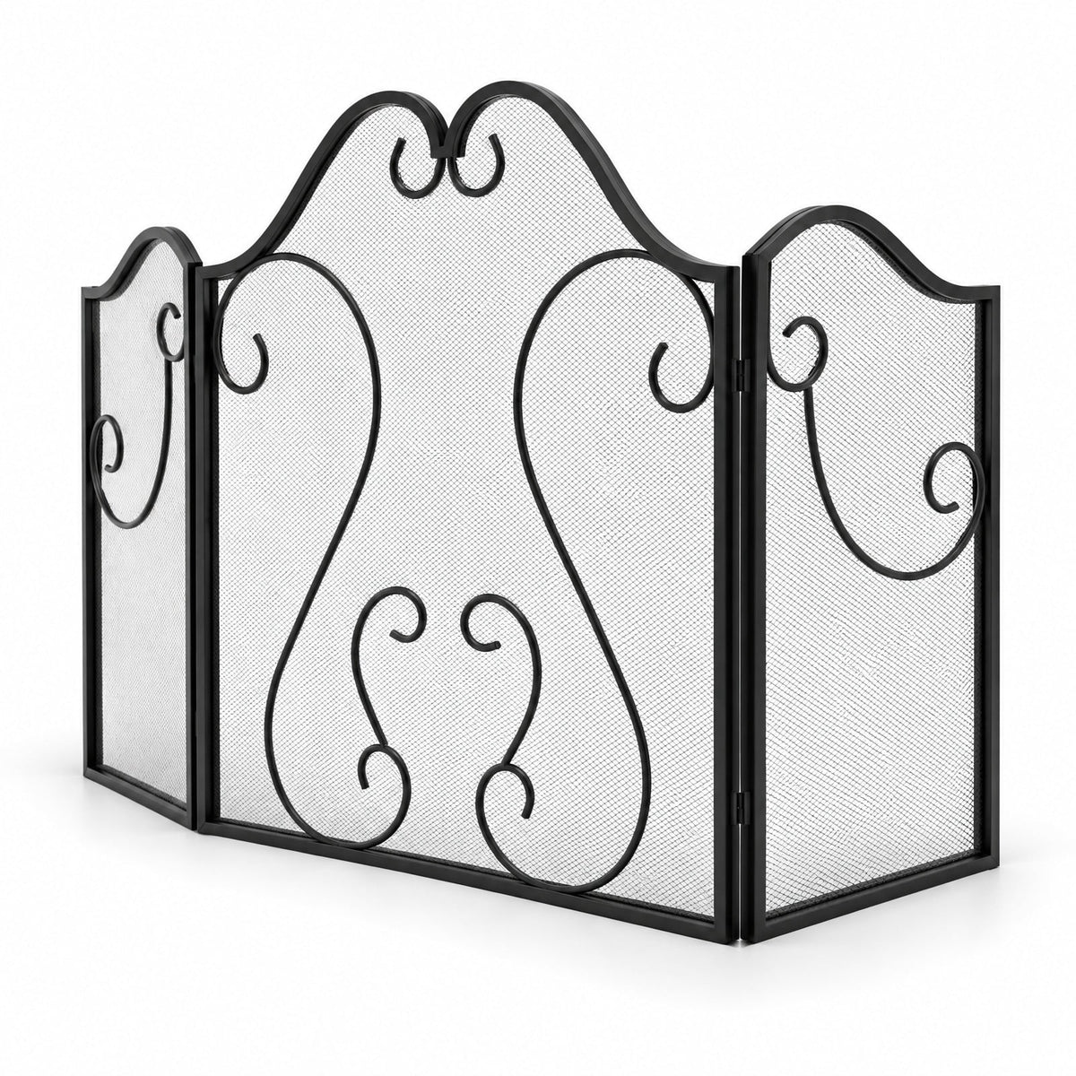 Airfind 3 Panel Fireplace Screen Foldable Spark Guard Cover with Decorative Scroll, Metal Frame, 40 × 24 Footprint, Black