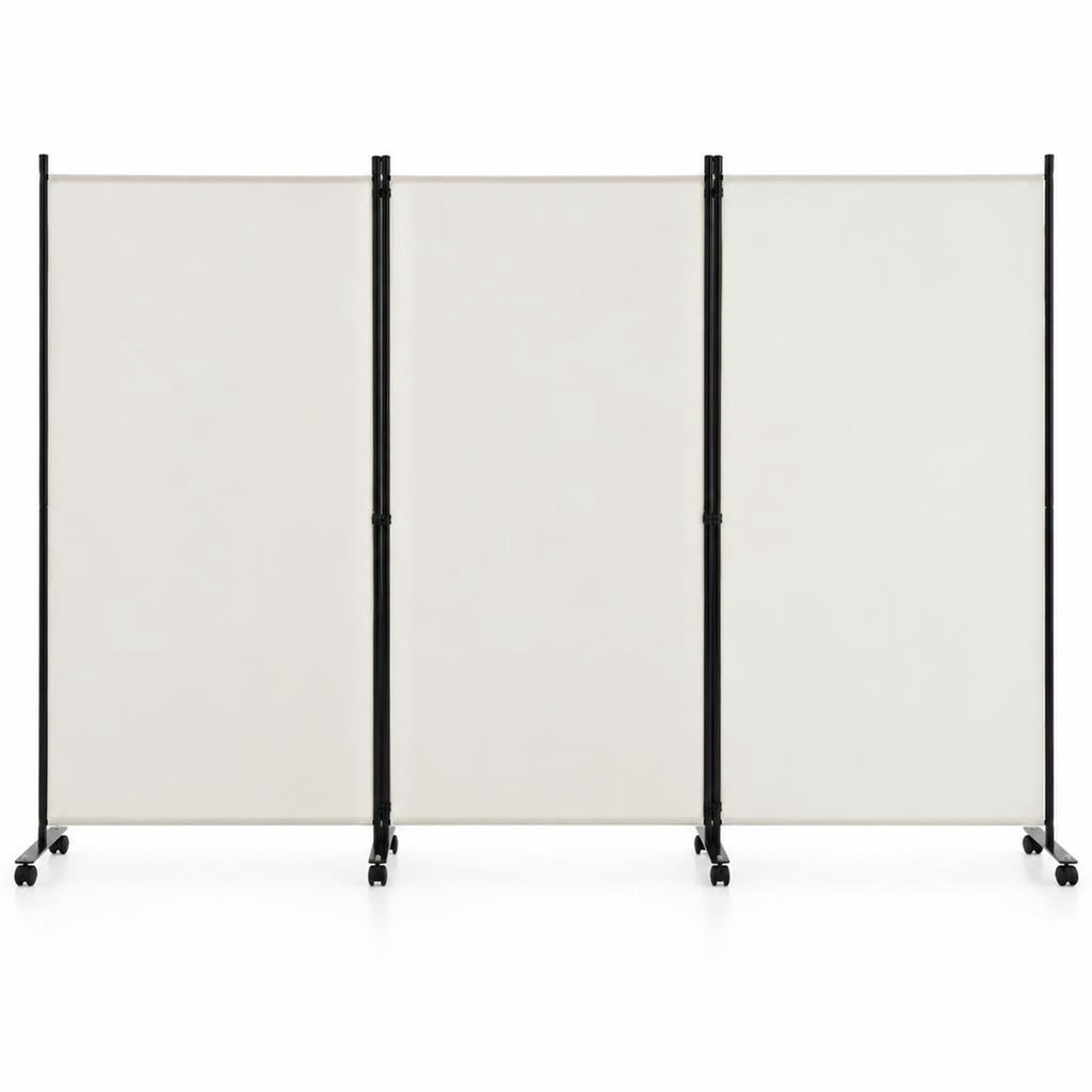Airfind 3 Panel Folding Room Divider with Lockable Wheels, Metal Polyester Fabric Tiled Frame, 103 x 12 x 71 Footprint, White