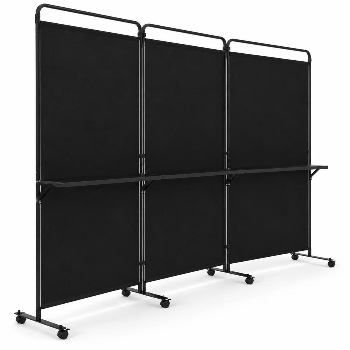 Airfind 3-Panel Room Divider with Shelves 6 FT Tall Folding Privacy Screen with Lockable Wheels, Polyester Fabric Metal Frame, Black