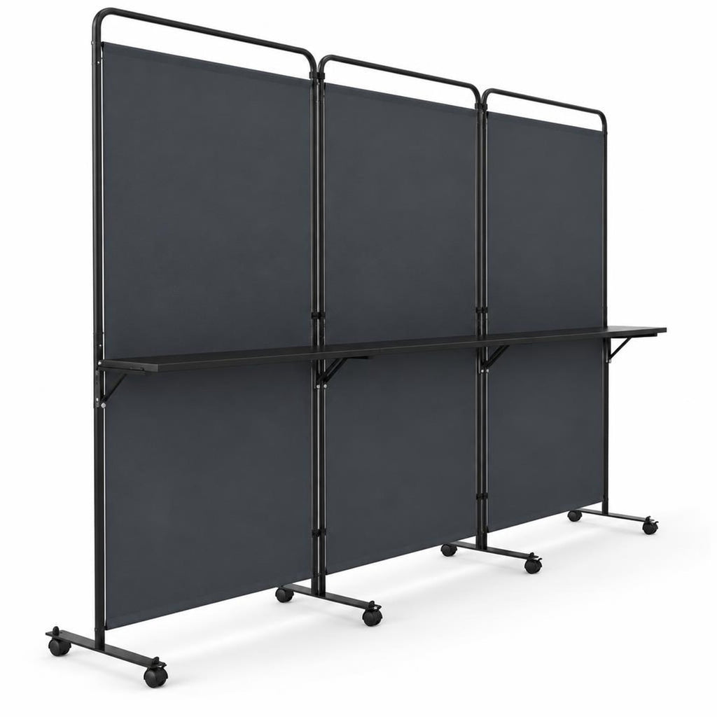 Airfind 3-Panel Room Divider with Shelves 6 FT Tall Folding Privacy Screen with Lockable Wheels, Polyester Fabric Metal Frame, Grey