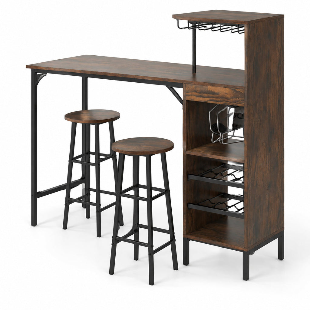 Airfind 3 Piece Bar Table and Chairs Set with 6-Bottle Wine Rack, MDF Metal, 48 Inch X 15.5 Inch X 48 Inch for Convenient Everyday Use, Brown
