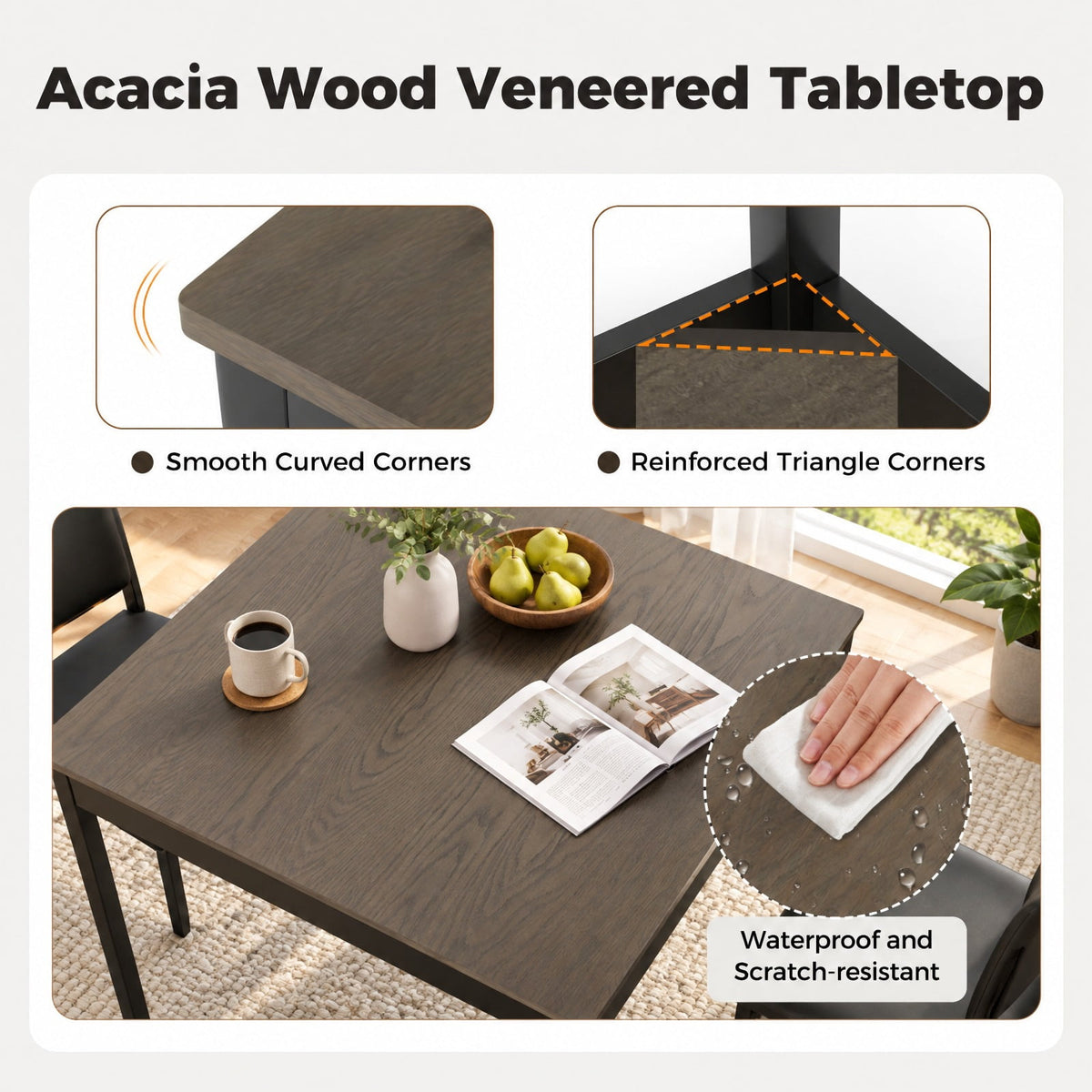 Airfind 3-Piece Dining Table Set Wooden Square Kitchen Table for 2 People, 176 lbs Capacity, MDF Rubber Wood PVC Leather Sponge Plywood Frame, Gray
