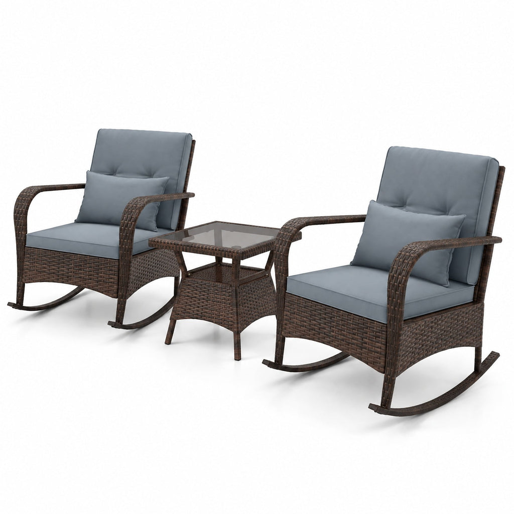 Airfind 3 Piece Outdoor Rocking Set with Tempered Glass Coffee Table for Backyard Poolside, PE Rattan Metal Tempered Glass Polyester Sponge Frame