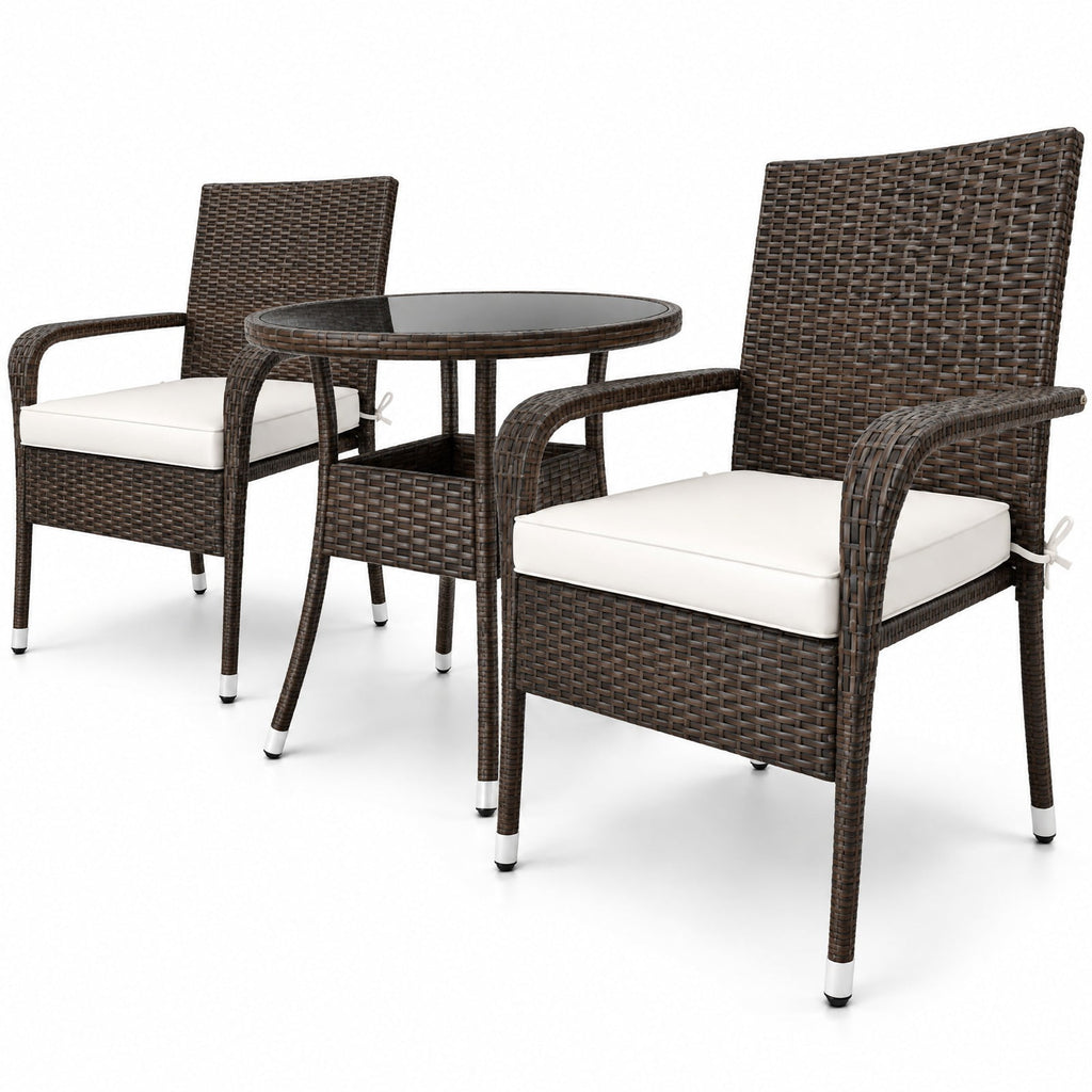 Airfind 3-Piece Patio Furniture Set PE Rattan Wicker Chairs with Tempered Glass Top Table, PE Rattan Metal Polyester Sponge Frame, White