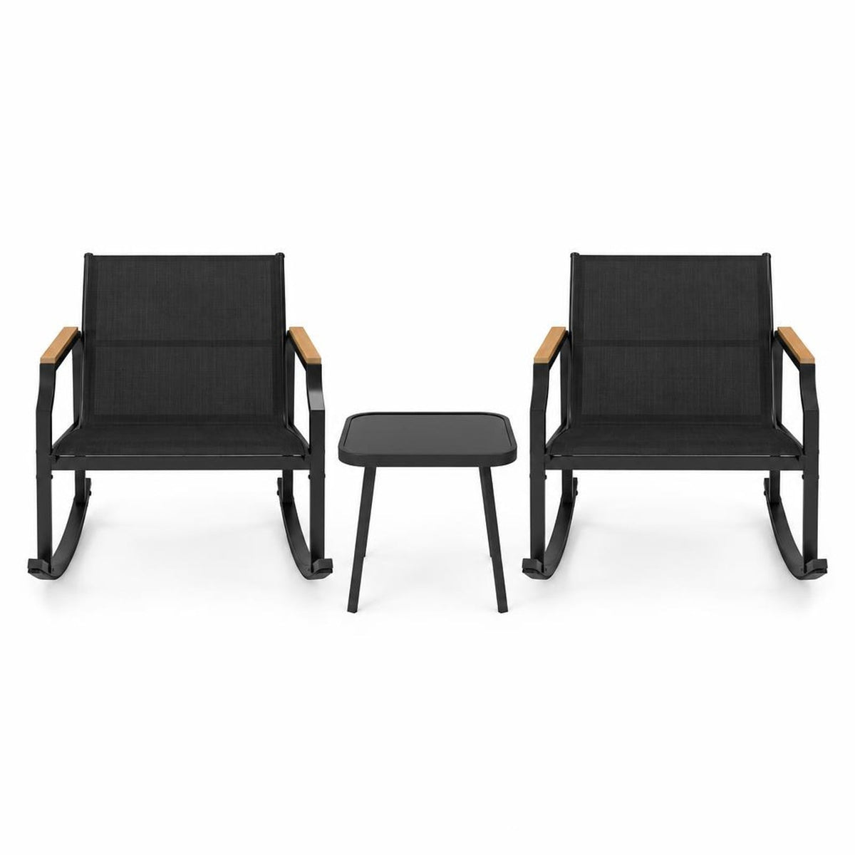 Airfind 3 Piece Patio Rocking Bistro Set with Tempered Glass Coffee Table and Armrests for Porch, Rocking Chair 330 lbs Capacity, Black