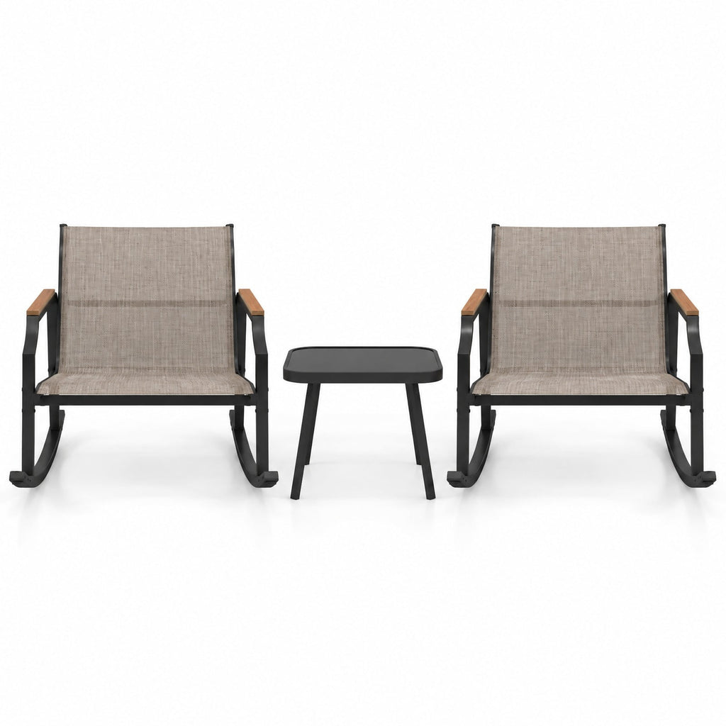 Airfind 3 Piece Patio Rocking Bistro Set with Tempered Glass Coffee Table and Armrests for Porch, Rocking Chair 330 lbs Capacity, Brown