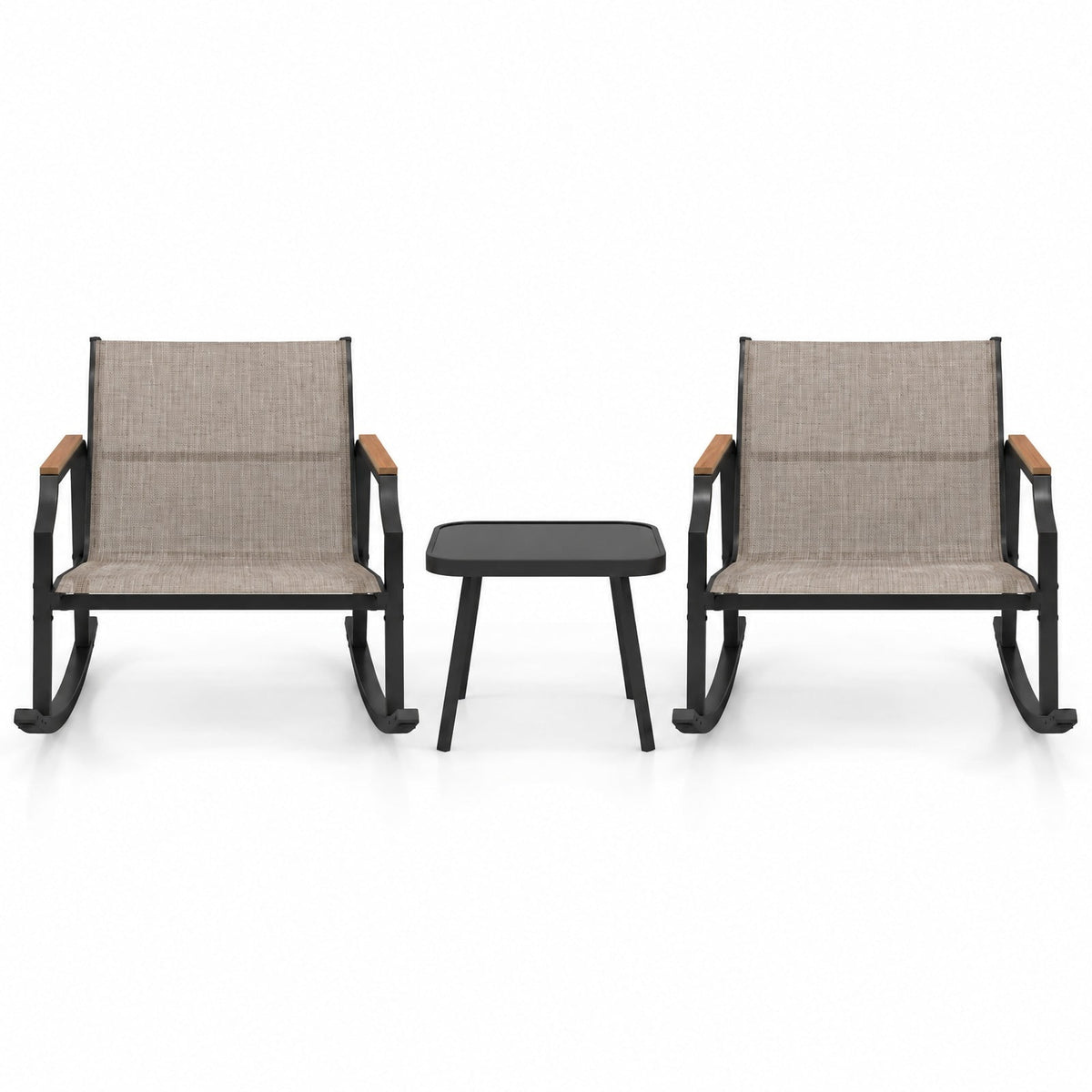 Airfind 3 Piece Patio Rocking Bistro Set with Tempered Glass Coffee Table and Armrests for Porch, Rocking Chair 330 lbs Capacity, Brown