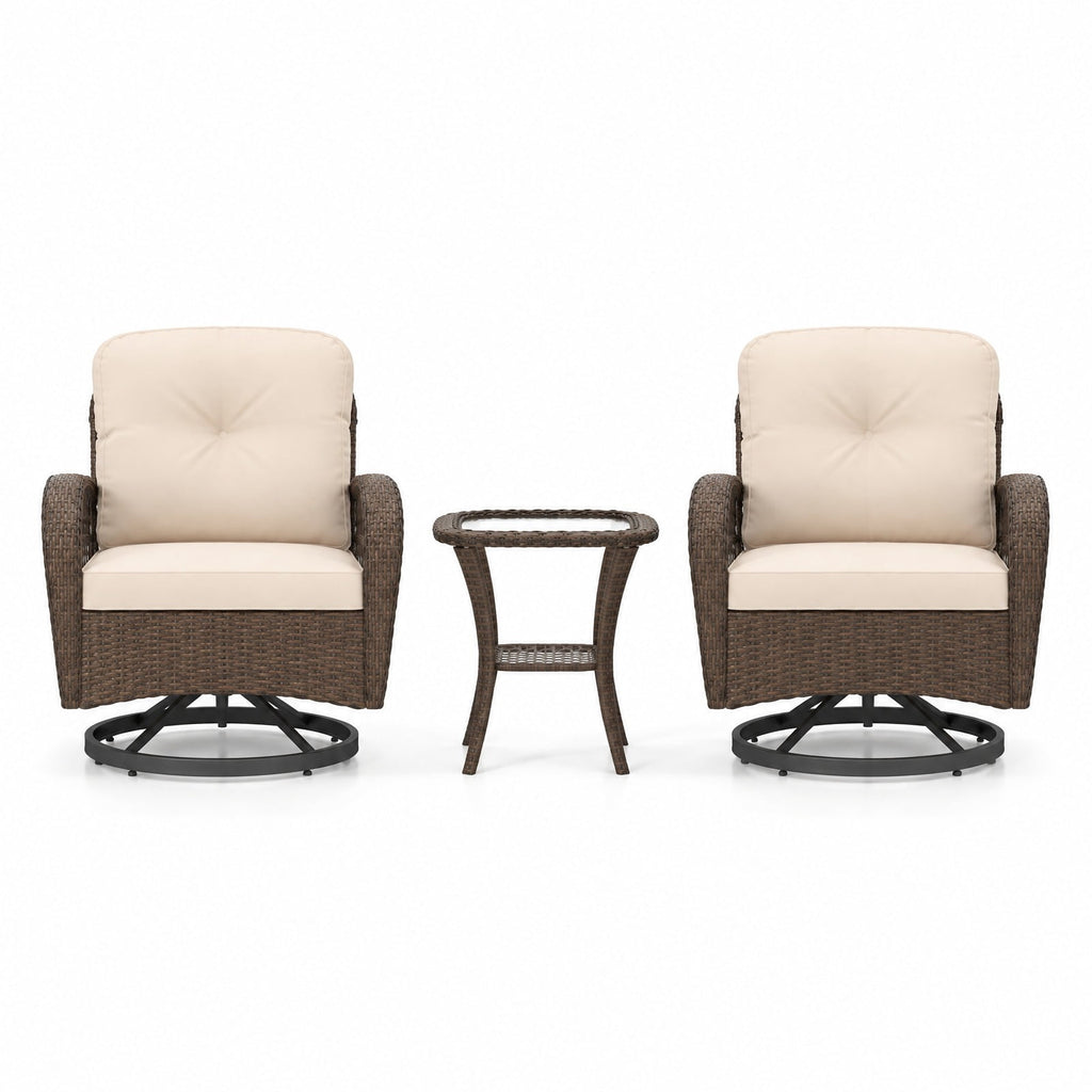 Airfind 3 Piece Patio Swivel Rocker Set with Tempered Glass Side Table and Thick Cushions, Seat 400 lbs Capacity, 33.5 x 29 x 35 Footprint, Brown