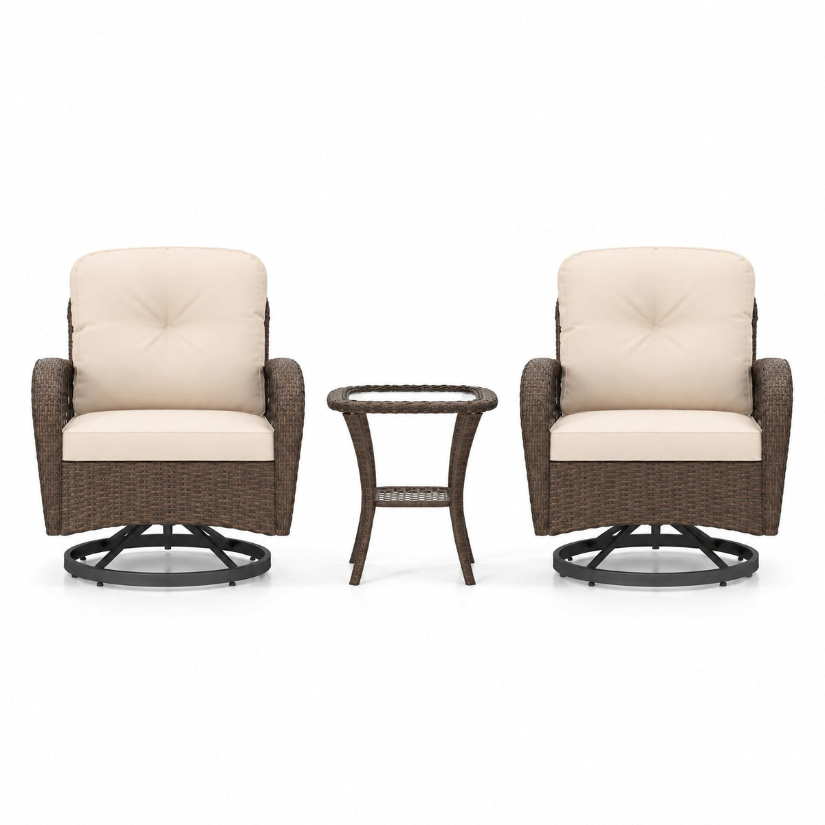 Airfind 3 Piece Patio Swivel Rocker Set with Tempered Glass Side Table and Thick Cushions, Seat 400 lbs Capacity, 33.5 x 29 x 35 Footprint, Brown