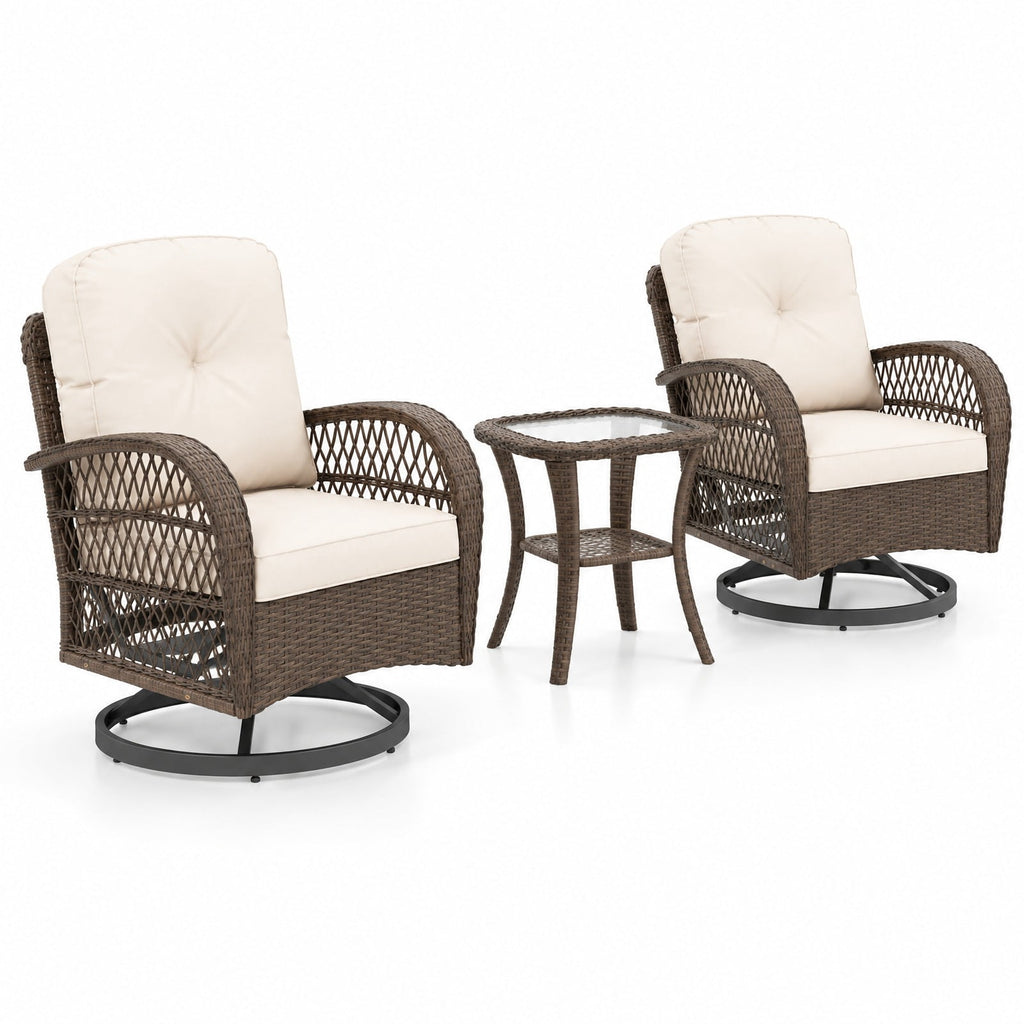 AIRFIND Patio Swivel Rocker Set of 3 with Cushioned Chairs, Tempered Glass Side Table and Metal Frame, 400 lb Chair Capacity, White