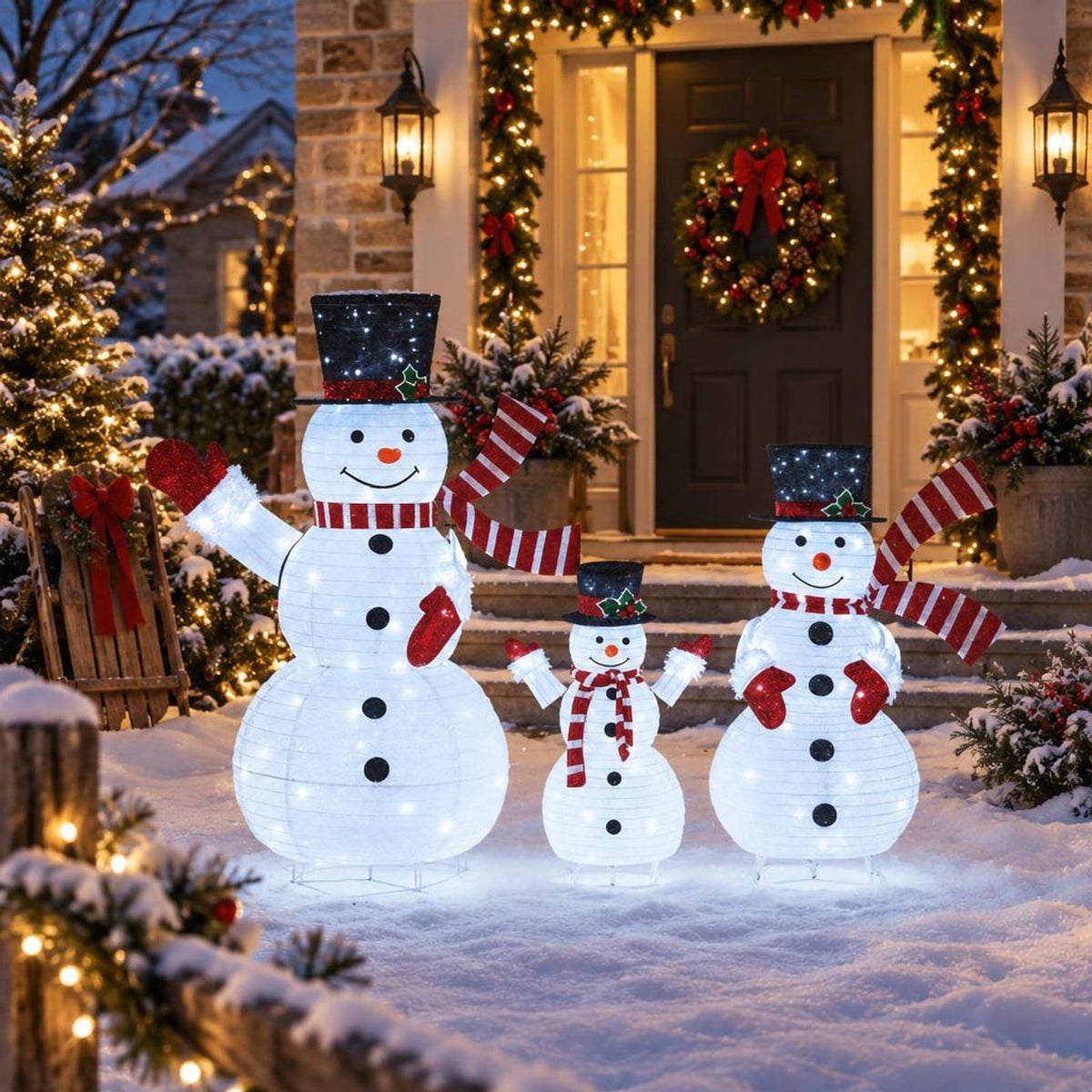 AIRFIND Pre Lit Snowman Decorations Set of 3, 3D Outdoor Christmas Display with Metal Frames and 270 LED Lights, Multi Color