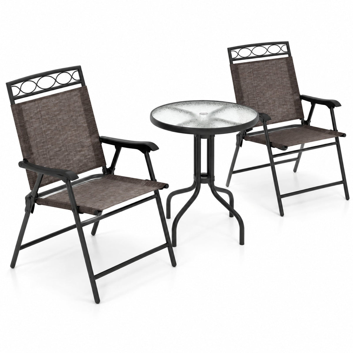 Airfind 3 Pieces Outdoor Bistro Dining Furniture Set with 1.57 Inch Umbrella Hole, 135 lbs Capacity, Fabric Metal Tempered Glass Frame