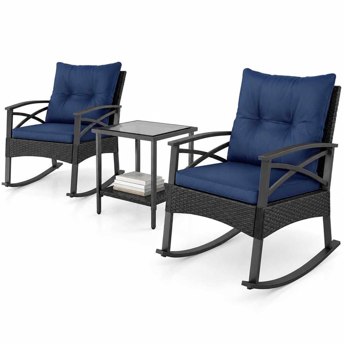 Airfind 3 Pieces Outdoor Rattan Rocking Chairs Set with 2-Tier Side Table for Garden Backyard, Table 100 lbs Capacity, 18 x 18 x 18.5 Footprint