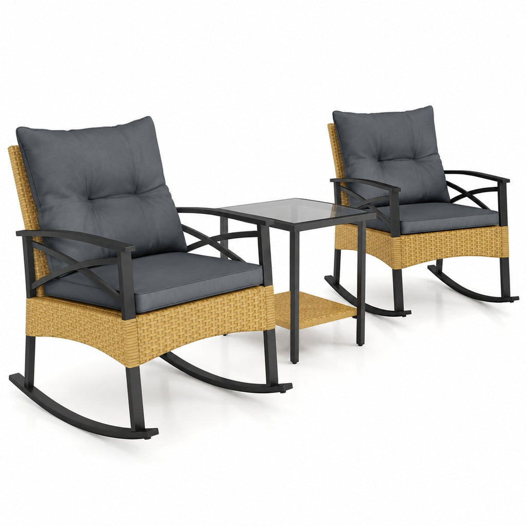Airfind 3 Pieces Outdoor Rattan Rocking Chairs Set with 2-Tier Side Table for Garden Backyard, Table 100 lbs Capacity, 18 x 18 x 18.5 Footprint