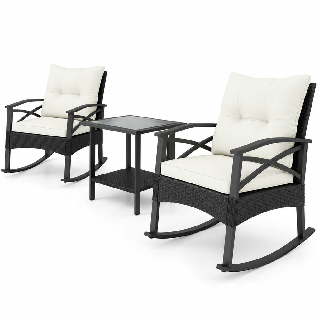 Airfind 3 Pieces Outdoor Rattan Rocking Chairs Set with 2-Tier Side Table for Garden Backyard, Table 100 lbs Capacity, 18 x 18 x 18.5 Footprint