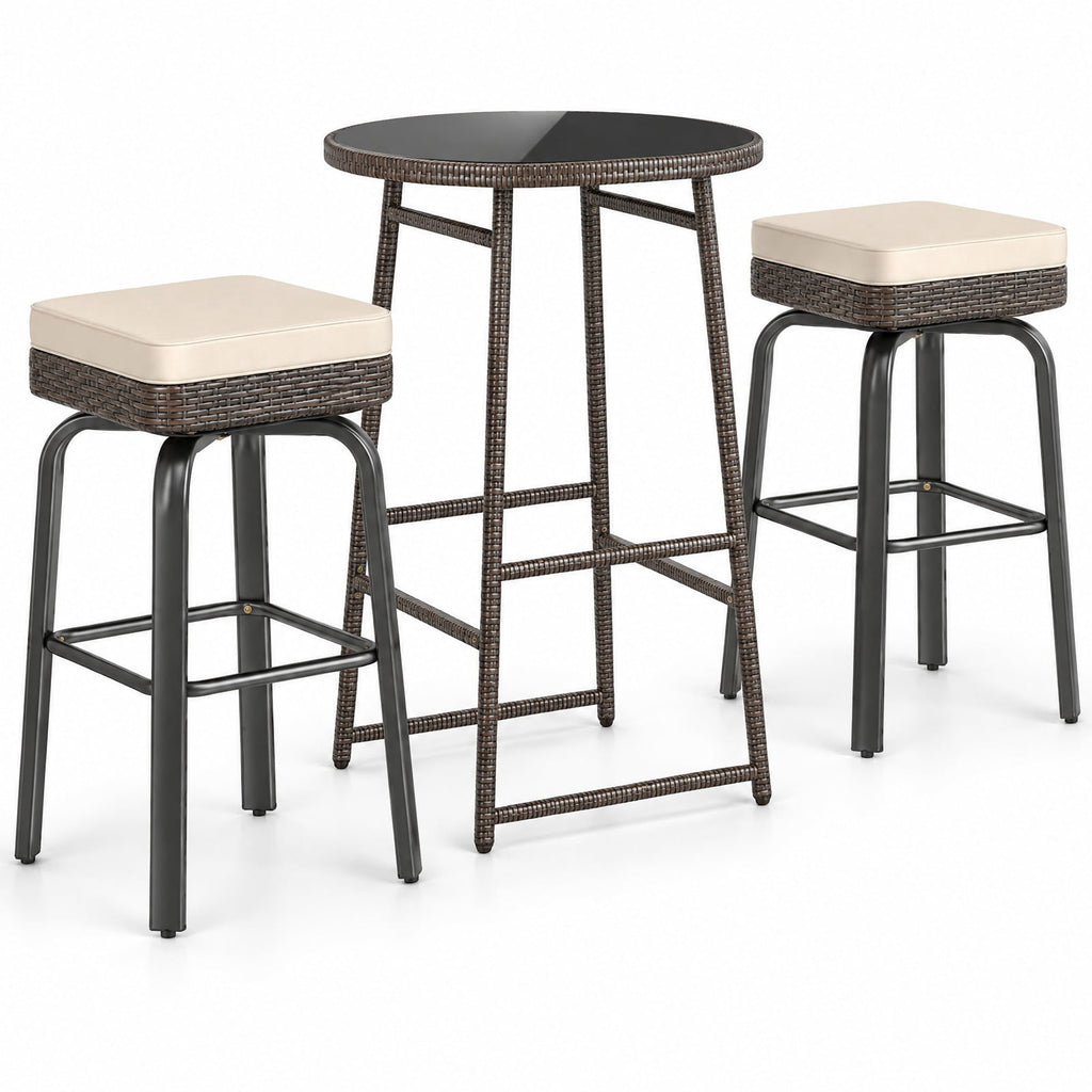 Airfind 3 Pieces Outdoor Swivel Bar Set PE Rattan Bar Height Table with 2 Chairs, PE Rattan Metal Tempered Glass Polyester Sponge Frame, White