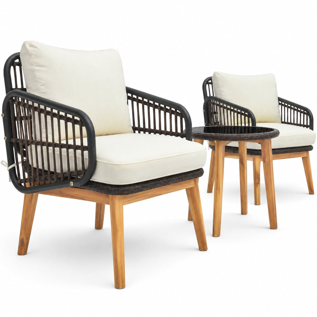 Airfind 3 Pieces Patio Furniture Set with Cushioned Chairs and Tempered Glass Side Table, 19 x 19.5 Footprint, Black