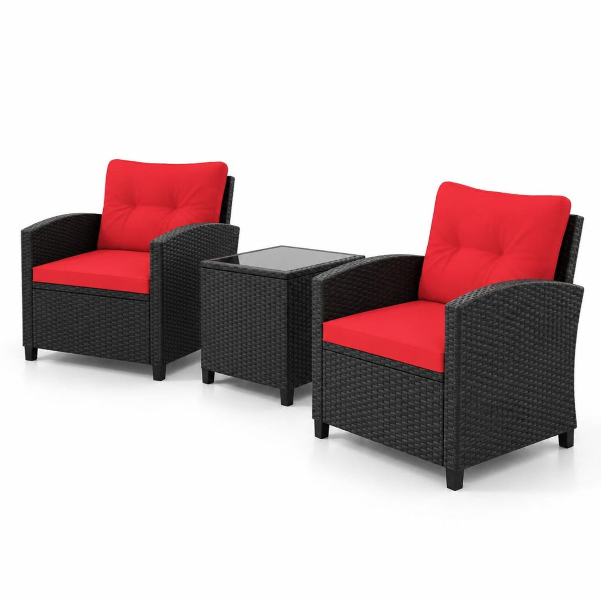 Airfind 3 Pieces Patio Furniture Set with Tempered Glass Coffee Table, 400 lbs Capacity, PE Rattan Metal Tempered Glass Polyester Sponge Frame, Red