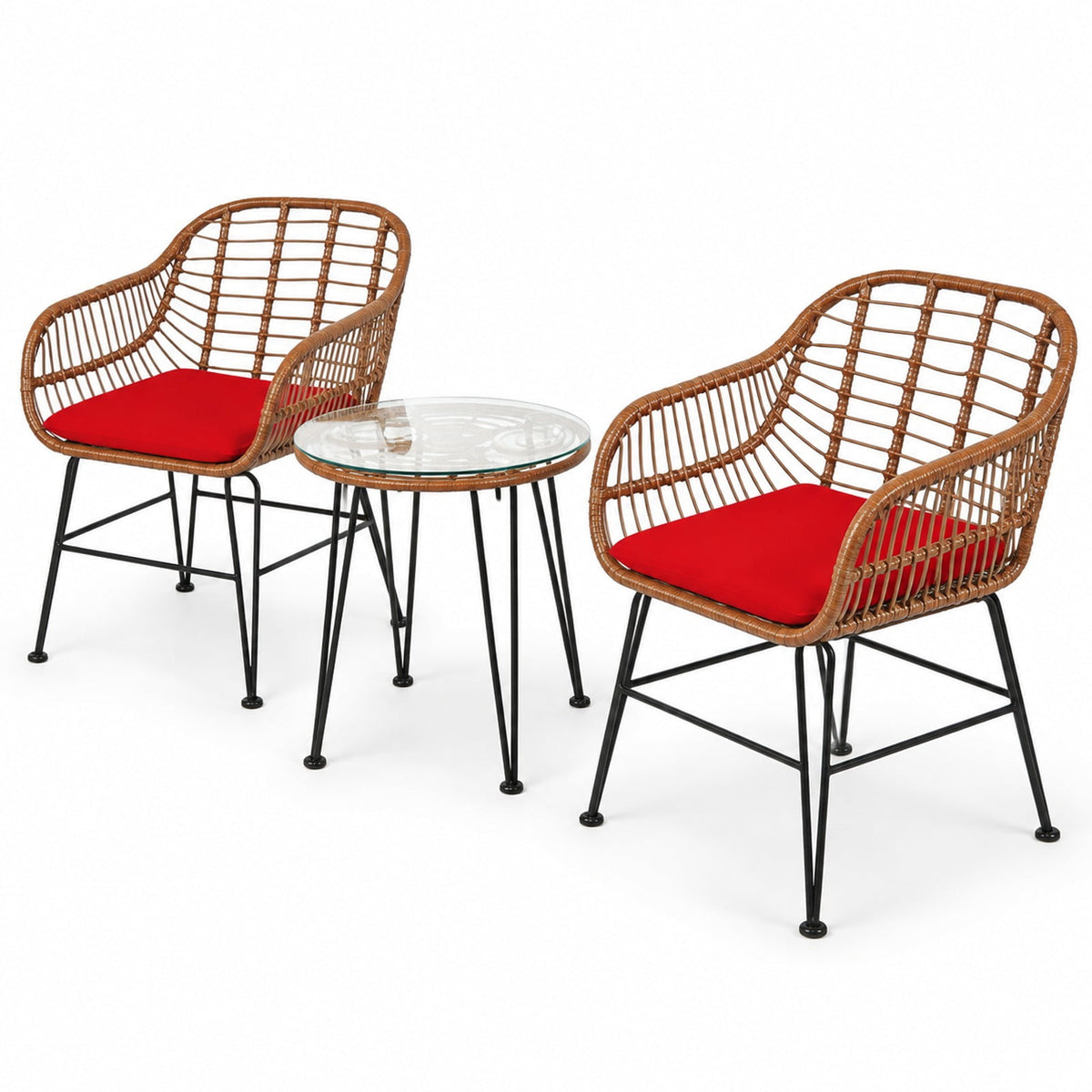 Airfind 3 Pieces Patio Rattan Bistro Set with Cushion, 170 lbs Capacity, Steel Rattan Sponge Polyester Frame, 22.5 Inch x 24 Inch x 31.5 Inch Footprint, Red