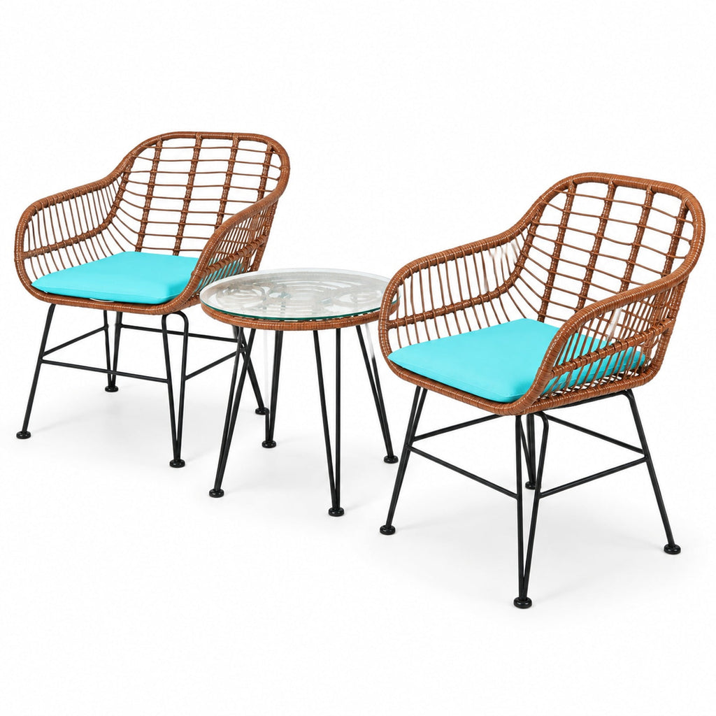 Airfind 3 Pieces Patio Rattan Bistro Set with Cushion, 170 lbs Capacity, Steel Rattan Sponge Polyester Frame, 22.5 Inch x 24 Inch x 31.5 Inch Footprint