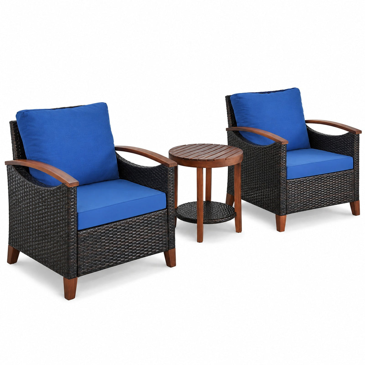 Airfind 3 Pieces Patio Rattan Furniture Set with Washable Cushion and Acacia Wood Tabletop, 360 lbs Capacity, 26 x 27.5 x 31 Footprint, Blue