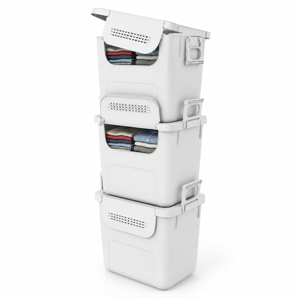 Airfind 3 Pieces Plastic Storage Bins Stackable with Front Door and Side Handles, 18 lbs Capacity, PP Frame, White