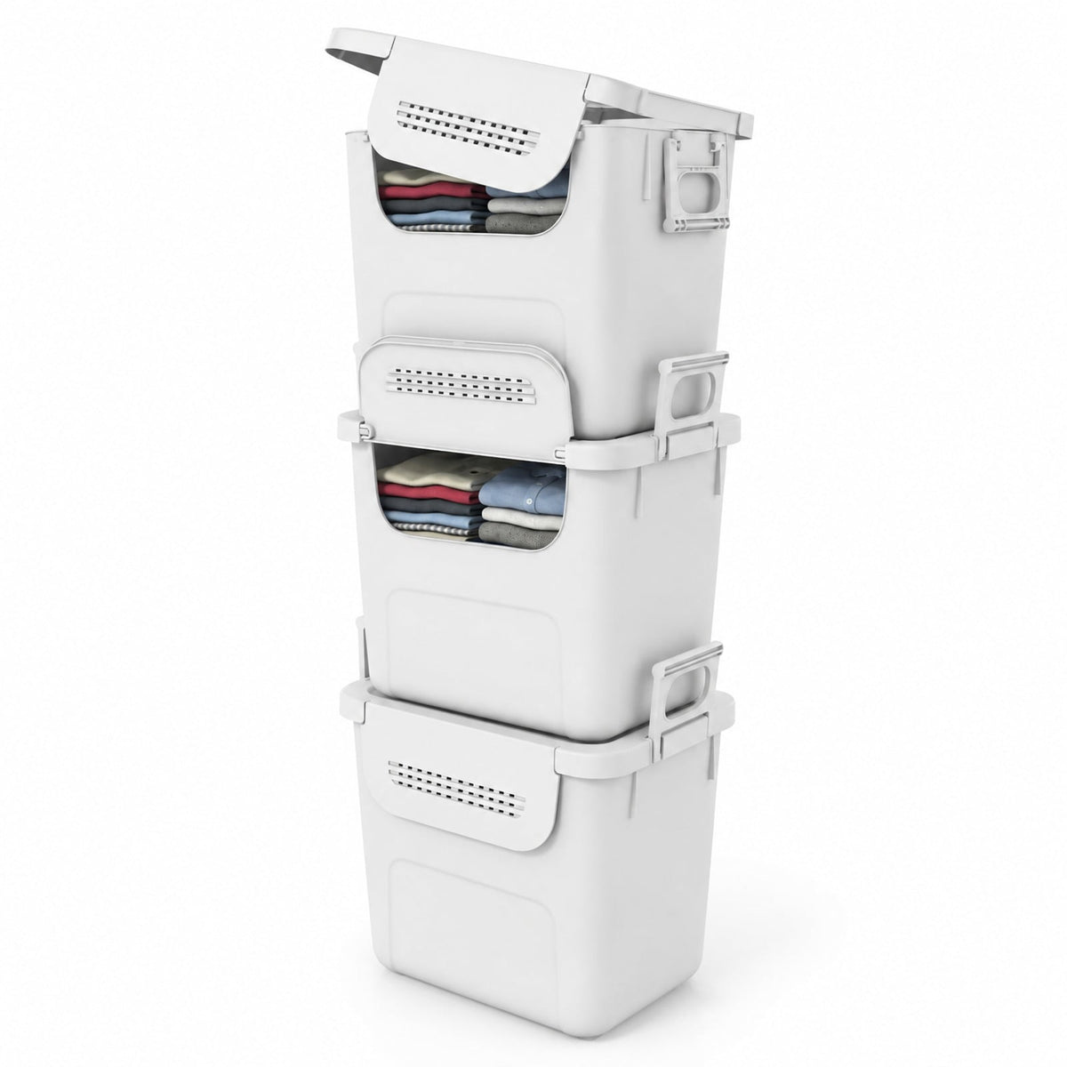 Airfind 3 Pieces Plastic Storage Bins Stackable with Front Door and Side Handles, 18 lbs Capacity, PP Frame, White