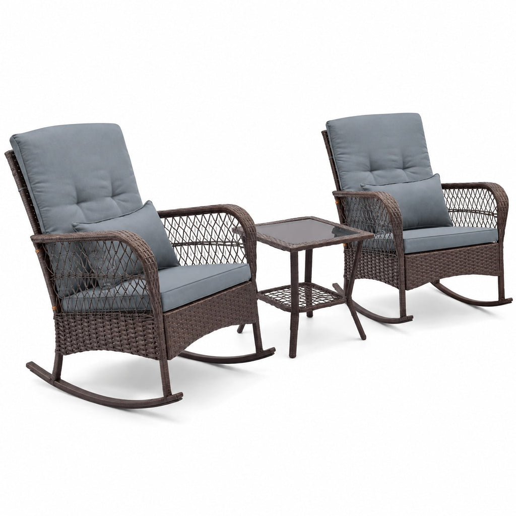 Airfind 3 Pieces Rocking Bistro Set with 2-Tier Coffee Table, PE Rattan Metal Tempered Glass Polyester Sponge Frame, 34 Inch x 26.5 Inch x 37 Inch Footprint