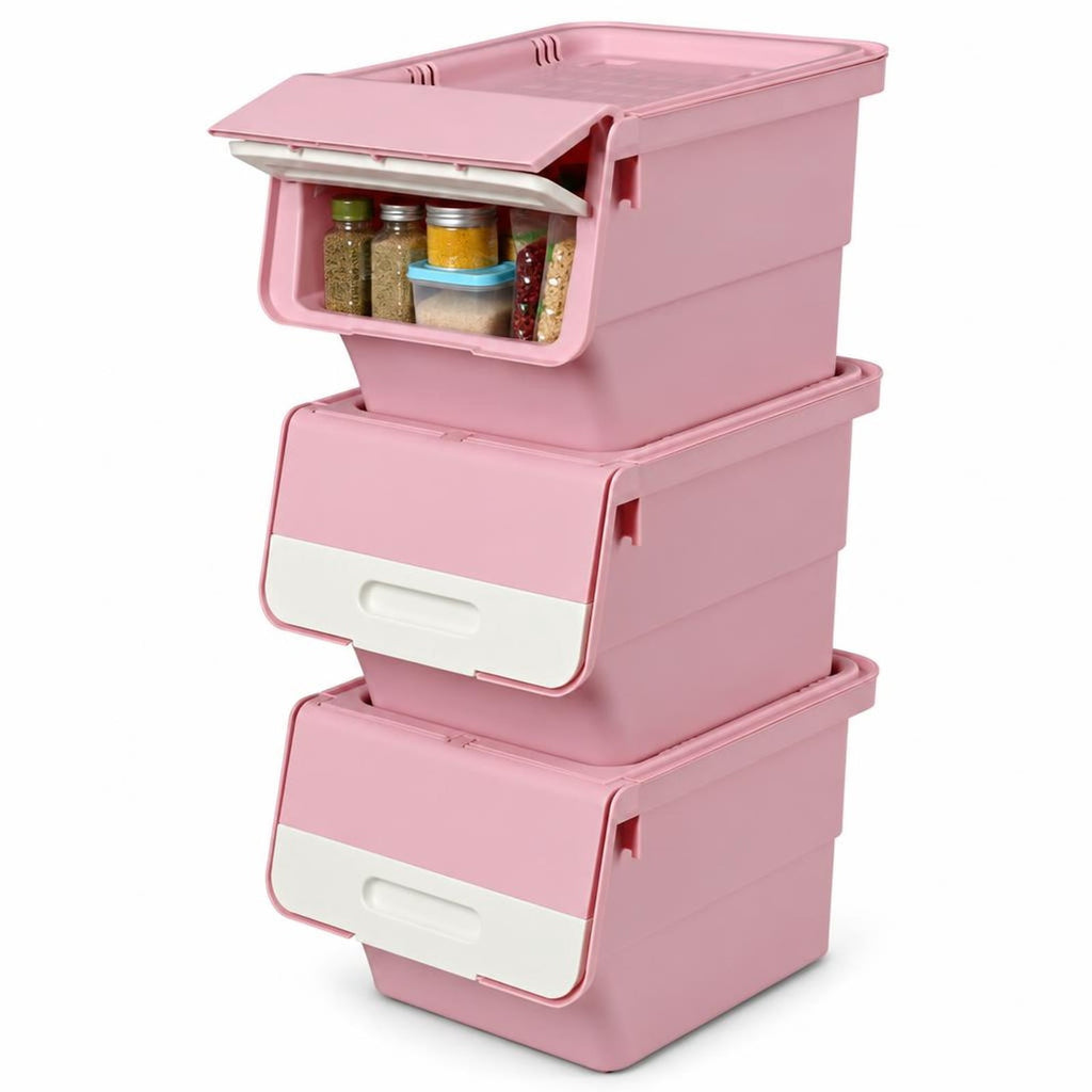 Airfind 3 Pieces Storage Bins on Wheels Stackable Plastic Boxes with Stay-Open Lid (S), 13 lbs Capacity, PP Frame, Pink