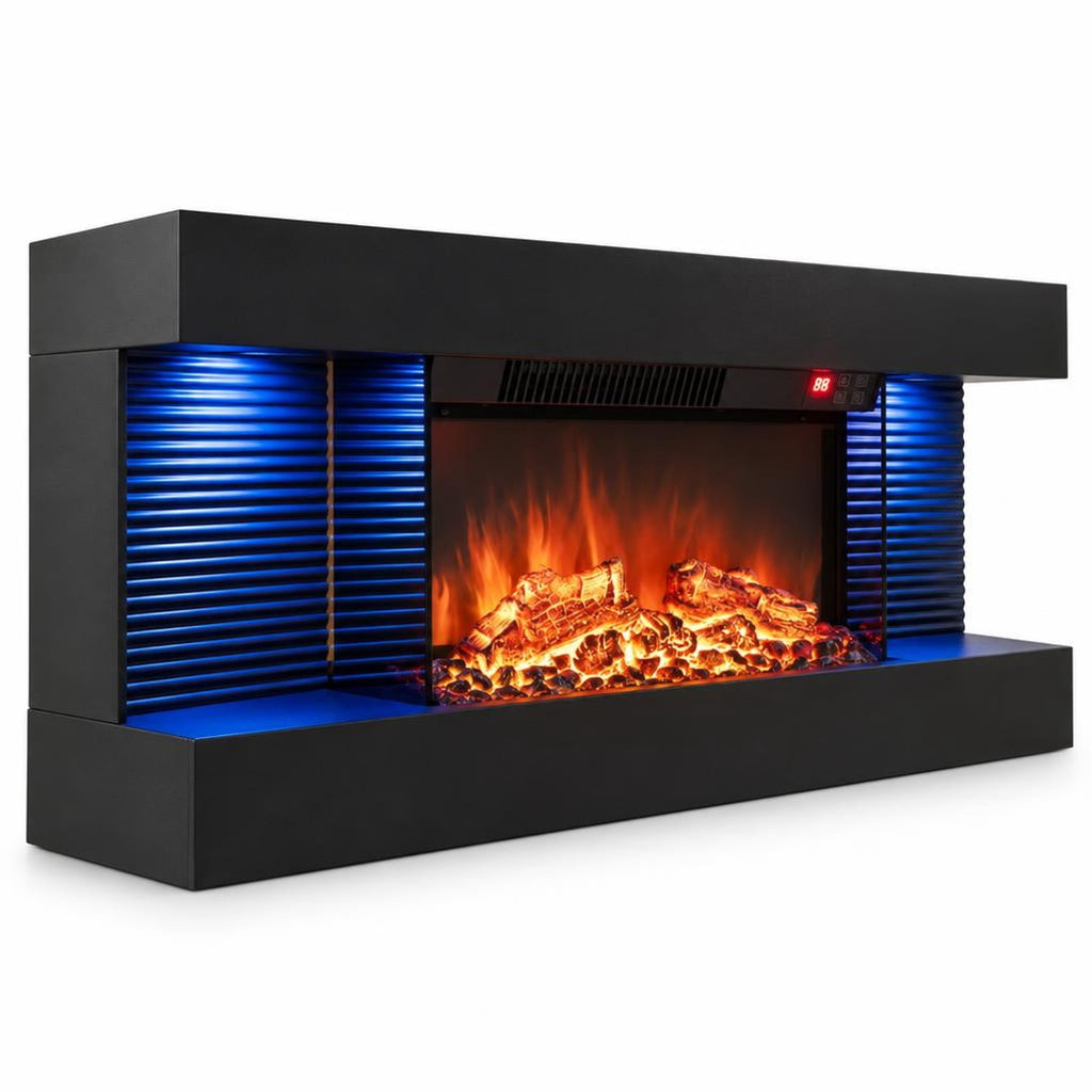 Airfind 3-Sided Black Wall Mount Electric WiFi Fireplace with Floating Mantel and 12 Flame Ambient-32 inches, Metal Tempered Glass Frame, Black
