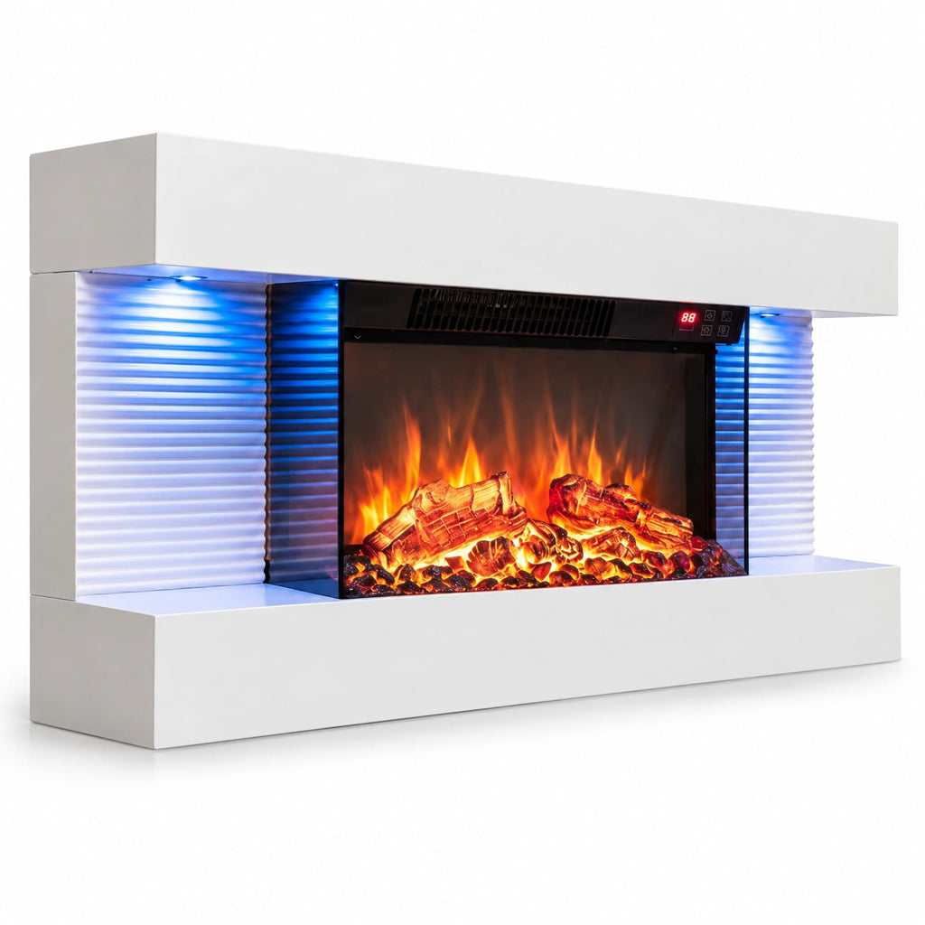 Airfind 3-Sided White Wall Mount Electric WiFi Fireplace with Floating Mantel and 12 Flame Ambient Colors-32 inch, Metal Tempered Glass Frame, White