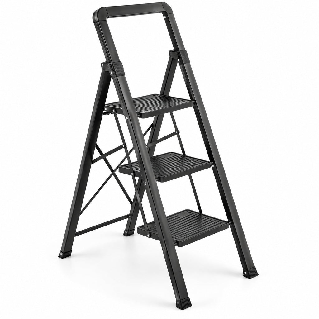 Airfind 3 Step Folding Step Stool with Wide Anti-Slip Pedals and Grip Handle, 330 lbs Capacity, Metal Frame, Black, 16.5 x 26.5 x 42