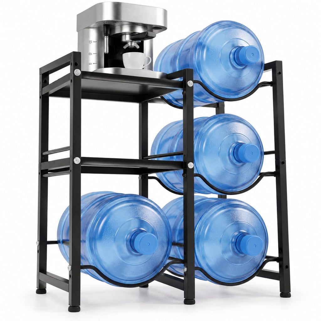 Airfind 3-Tier 5 Gallon Water Jug Holder with Shelves, 45 lbs Capacity, Carbon Steel Frame, Black, 4 bottle slots for 5-gallon water bottles